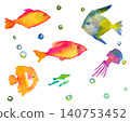水彩海洋生物插畫組（熱帶魚、水母、氣泡） 140753452