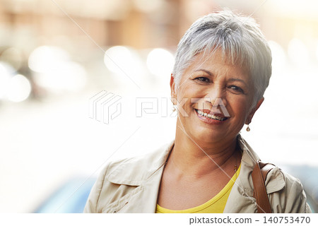 Senior woman, smile and portrait in outdoor for style and relax for retired and elderly in urban or city. Pensioner or happy person in Amsterdam for fresh air, enjoy and unwind for peace on mockup 140753470