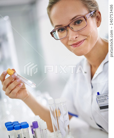 Portrait, test tube or woman scientist in laboratory for sample research, medical liquid or virus experiment. Solution, review or science expert with vaccine cure for future development or results Portrait, test tube or woman scientist in laboratory for sample research, medical liquid or virus experiment. Solution, review or science expert with vaccine cure for future development or results 140753486