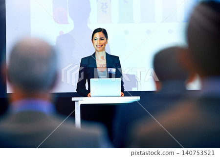 Business woman, smile and presentation with projector screen, conference or workshop with laptop for slideshow. Corporate training, seminar and speaker with info, audience and professional speech Business woman, smile and presentation with projector screen, conference or workshop with laptop for slideshow. Corporate training, seminar and speaker with info, audience and professional speech 140753521