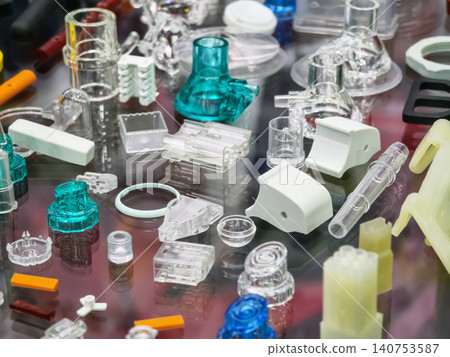 Many small plastic parts are scattered across a table in a workshop setting during daytime 140753587