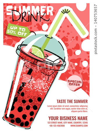Summer Poster With Watermelon Bubble Tea In A Plastic Cup, Lime And Straw In Doodle Style. Flat Vector Illustration For Print Poster, Flyer And Advertisement For Cafe, Beach Bar And Juice Bar. 140753657