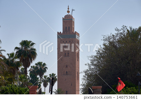 The majestic minaret of the Koutoubia Mosque rises under the clear skies of Marrakech, Morocco. 140753661