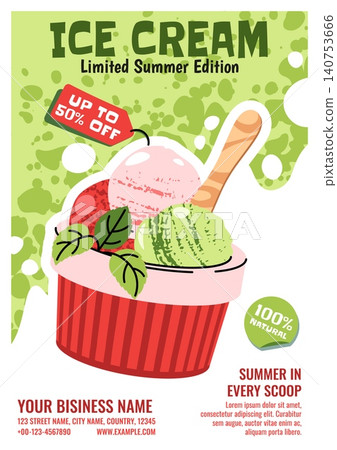 Summer Poster With Watermelon Ice Cream In A Cup In Doodle Style. Flat Vector Illustration For Print Poster, Flyer And Advertisement For Cafe, Beach Bar And Ice Cream Shop 140753666