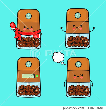 Cute coffee grinder character having different emotions Cute coffee grinder character having different emotions 140753681