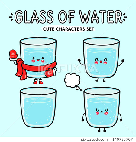 Cute glass of water character set with winter outfit and emotions Cute glass of water character set with winter outfit and emotions 140753707