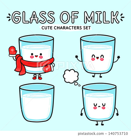 Cute glass of milk character set with winter outfit and emotions 140753710