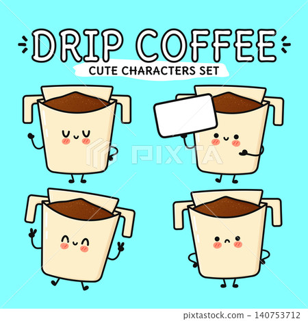 Cute drip coffee characters showing different emotions set Cute drip coffee characters showing different emotions set 140753712