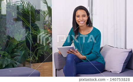 Business, woman and portrait with tablet on sofa with planning for creative project, brainstorming and professional. Entrepreneur, employee and technology with happiness on couch at work for strategy Business, woman and portrait with tablet on sofa with planning for creative project, brainstorming and professional. Entrepreneur, employee and technology with happiness on couch at work for strategy 140753828