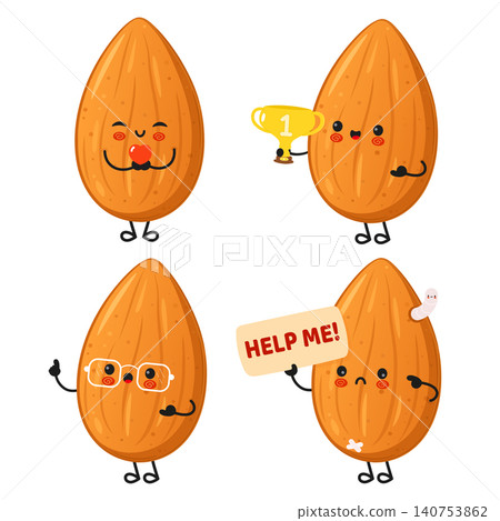 Cute almond character set with trophy and help sign Cute almond character set with trophy and help sign 140753862