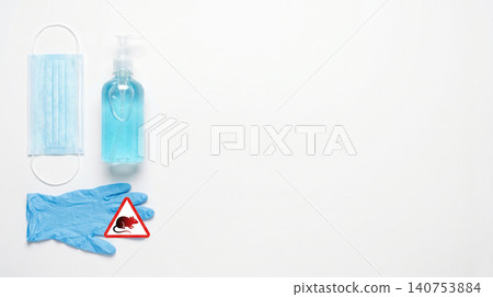 Rat infestation sanitization supplies with protective gear and warning sign sanitization cleaning supplies disinfectant extermination protection decontamination prevention biohazard sanitary 140753884