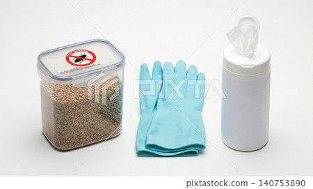 Pest control bait container with protective gloves and sanitizing wipes container sanitation protection infestation handling disinfecting chemical prevention extermination equipment 140753890