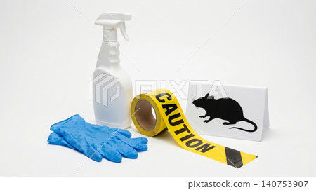 Pest control caution tape and supplies for rodent management with management sanitizer cleaning prevention disinfection supplies protection equipment background contamination domestic Pest control caution tape and supplies for rodent management with management sanitizer cleaning prevention disinfection supplies protection equipment background contamination domestic 140753907