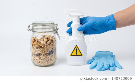 Person wearing gloves holding disinfectant spray near contaminated food with disinfection cleaning contamination sanitation protection chemical prevention analysis pathogen laboratory Person wearing gloves holding disinfectant spray near contaminated food with disinfection cleaning contamination sanitation protection chemical prevention analysis pathogen laboratory 140753909