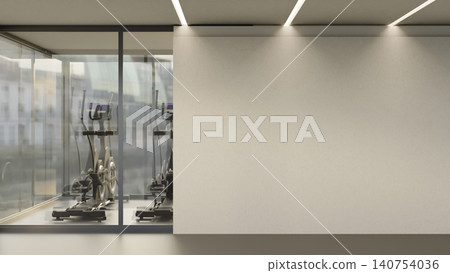 Modern fitness gym room with white wall and ceiling light and glass window with panoramic city view. Modern fitness gym room with white wall and ceiling light and glass window with panoramic city view. 140754036