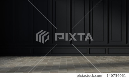 Empty black room with elegant luxury wall panels and classic stone tiles floor under soft sunlight. Empty black room with elegant luxury wall panels and classic stone tiles floor under soft sunlight. 140754061