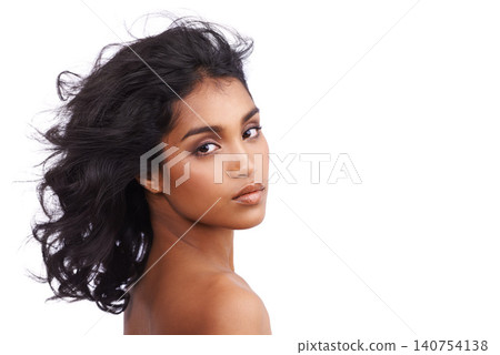 Beauty, portrait and indian woman in studio with hair care from cosmetics in white background. Dermatology, skincare and calm model with healthy glow on skin from makeup or natural hairstyle mockup 140754138