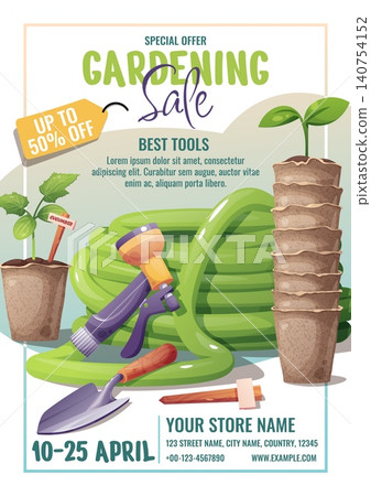 Gardening Sale Poster With Watering Can, Garden Hose, Seedling And Biodegradable Peat Pot In Cartoon Style. Flat Illustration For Print Banner, Flyer And Advertisement About Spring Garden Discount Gardening Sale Poster With Watering Can, Garden Hose, Seedling And Biodegradable Peat Pot In Cartoon Style. Flat Illustration For Print Banner, Flyer And Advertisement About Spring Garden Discount 140754152
