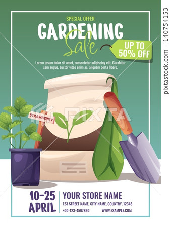 Gardening Sale Poster With Strawberry Plant, Fertilizer Bag And Trowel In Cartoon Style. Flat Vector Illustration For Print Banner, Flyer And Advertisement About Spring Garden Discount Gardening Sale Poster With Strawberry Plant, Fertilizer Bag And Trowel In Cartoon Style. Flat Vector Illustration For Print Banner, Flyer And Advertisement About Spring Garden Discount 140754153