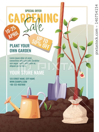 Gardening Sale Poster With Watering Can, Shovel, Apple Seedling In Sack And Soil In Cartoon Style. Flat Vector Illustration For Print Banner, Flyer And Advertisement About Spring Garden Discount 140754154
