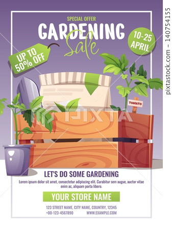 Gardening Sale Poster With Tomato Seedling, Wooden Crate, Sack Of Soil And Trowel In Cartoon Style. Flat Vector Illustration For Print Banner, Flyer And Advertisement About Spring Garden Discount Gardening Sale Poster With Tomato Seedling, Wooden Crate, Sack Of Soil And Trowel In Cartoon Style. Flat Vector Illustration For Print Banner, Flyer And Advertisement About Spring Garden Discount 140754155