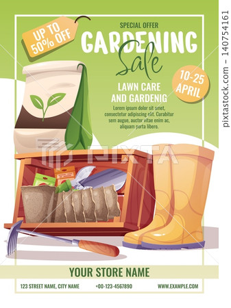 Gardening Sale Poster With Wooden Crate, Peat Pots, Rubber Boots And Sack Of Soil In Cartoon Style. Flat Vector Illustration For Print Banner, Flyer And Advertisement About Spring Garden Discount 140754161