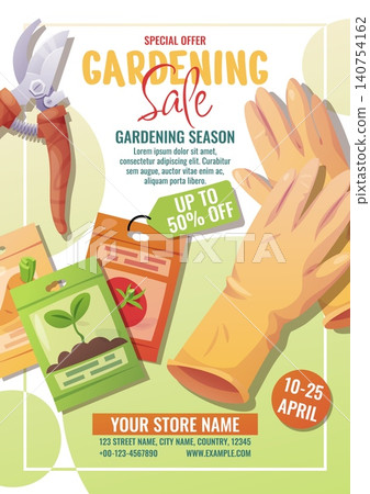 Gardening Sale Poster With Pruning Shear, Gloves And Seed Packets In Cartoon Style. Flat Vector Illustration For Print Banner, Flyer And Advertisement About Spring Garden Discount 140754162