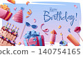 Happy Birthday banner with cake, cupcakes, gifts, party hat and confetti. Festive party invitation template with elegant lettering, sunglasses and fireworks. Flat vector illustration. 140754165