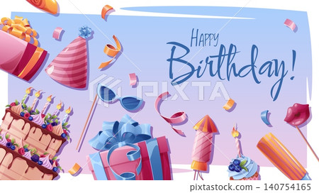 Happy Birthday banner with cake, cupcakes, gifts, party hat and confetti. Festive party invitation template with elegant lettering, sunglasses and fireworks. Flat vector illustration. Happy Birthday banner with cake, cupcakes, gifts, party hat and confetti. Festive party invitation template with elegant lettering, sunglasses and fireworks. Flat vector illustration. 140754165