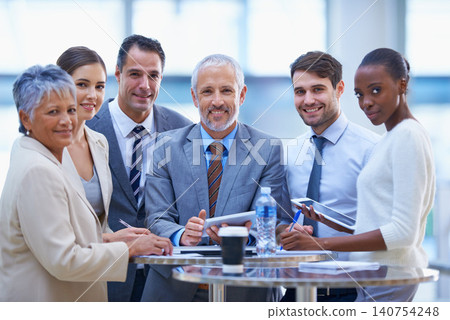 Meeting, teamwork and portrait of business people for planning, brainstorming ideas and discussion. Corporate, collaboration and men and women with technology, documents and online report for project 140754248