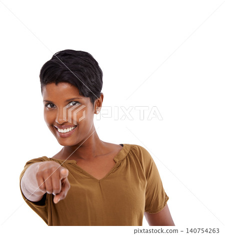 Portrait, Indian woman or pointing to you for motivation or mockup space on white background. Studio, happy winner or person with gesture, choice or promo showing an opportunity, vote or selection 140754263