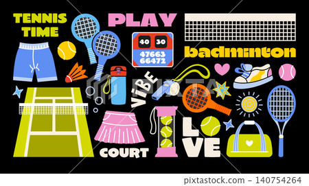 Set of flat cartoon illustrations for tennis and badminton. Vector elements, stickers, headings for creating designs for matches. Tennis equipment and accessories, courts, whistles, uniforms, rackets. 140754264
