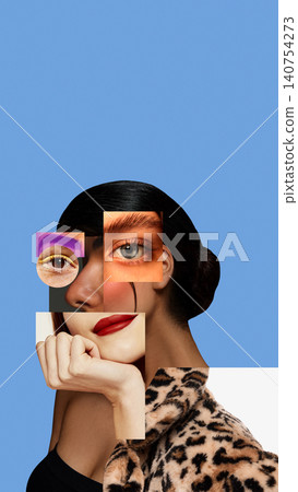 Creative portrait mixed media combining different facial features and beauty details on blue background. 140754273