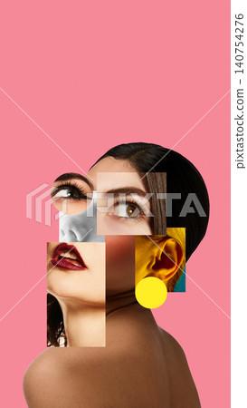 Artistic female portrait artwork created from mixed facial fragments and beauty details on pink background. 140754276