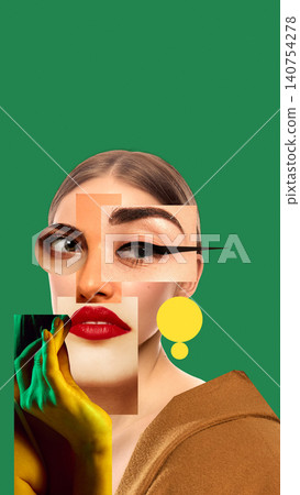 Conceptual portrait collage combining facial features, makeup details and graphic elements on green background Conceptual portrait collage combining facial features, makeup details and graphic elements on green background 140754278