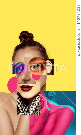 Abstract female portrait collage made from different facial fragments and beauty details on yellow background. Abstract female portrait collage made from different facial fragments and beauty details on yellow background. 140754282