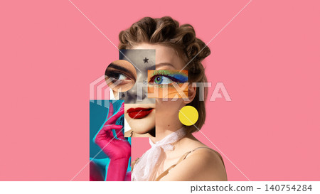 Creative portrait artwork blending multiple beauty styles, facial features and artistic elements on pink background. 140754284