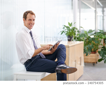Portrait, relax and man in office with tablet, sales review or profit report at online consulting agency. Internet, business growth or development for happy businessman on digital app for budget plan Portrait, relax and man in office with tablet, sales review or profit report at online consulting agency. Internet, business growth or development for happy businessman on digital app for budget plan 140754305