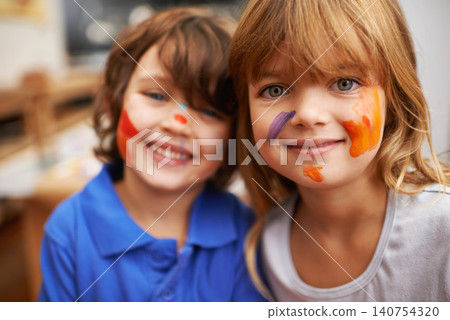 Happy children, portrait or paint on face in home, art or bonding together in creativity on weekend. Siblings, brother or sister in smile for learning craft, painting or extra mural activity in house Happy children, portrait or paint on face in home, art or bonding together in creativity on weekend. Siblings, brother or sister in smile for learning craft, painting or extra mural activity in house 140754320