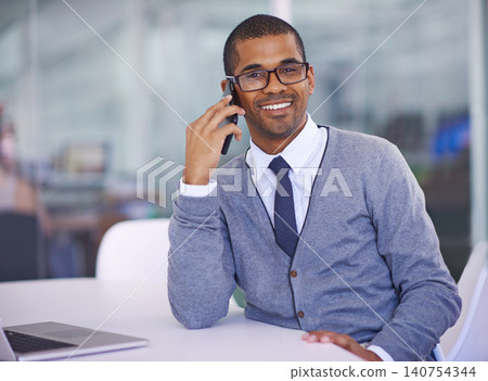 Business man, phone call and portrait with smile in office for networking, contact and negotiation. African person, smartphone and happy for conversation, communication and connection in workplace 140754344