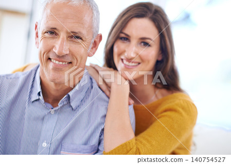Couple, age difference and relax in portrait, love with unique relationship and support for trust at home. Senior man, young woman in marriage, commitment and loyalty with partner and pride together Couple, age difference and relax in portrait, love with unique relationship and support for trust at home. Senior man, young woman in marriage, commitment and loyalty with partner and pride together 140754527