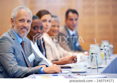 Seminar, portrait and CEO with smile in meeting for business for discussion of stock market. Employees, women and male people in collaboration for strategy in sales, networking and talk with notes Seminar, portrait and CEO with smile in meeting for business for discussion of stock market. Employees, women and male people in collaboration for strategy in sales, networking and talk with notes 140754571