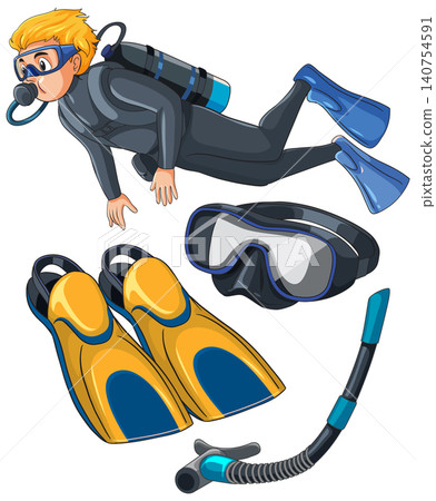 Scuba Diver Swimming with Snorkeling Gear and Diving Equipment Set Scuba Diver Swimming with Snorkeling Gear and Diving Equipment Set 140754591