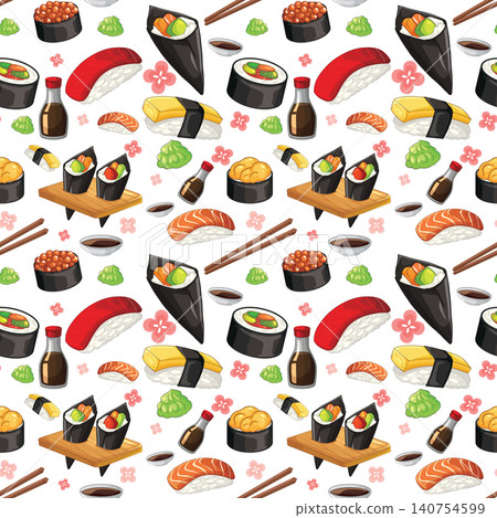 Seamless Vector Pattern of Assorted Sushi and Japanese Cuisine Elements Seamless Vector Pattern of Assorted Sushi and Japanese Cuisine Elements 140754599