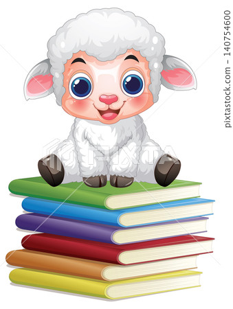 Cute Cartoon Lamb Sitting on a Stack of Colorful Books Cute Cartoon Lamb Sitting on a Stack of Colorful Books 140754600
