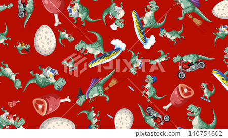 Funny Cartoon Tyrannosaurus Rex Seamless Pattern on Red Background Funny Cartoon Tyrannosaurus Rex Seamless Pattern on Red Background 140754602