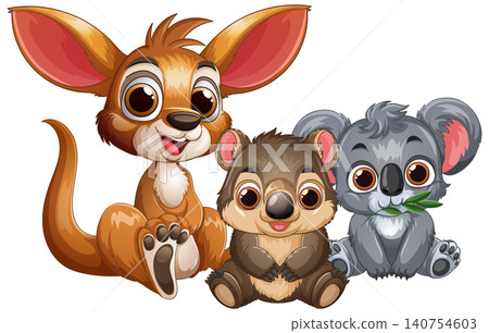 Cute Cartoon Australian Baby Animals Kangaroo Wombat and Koala Illustration Cute Cartoon Australian Baby Animals Kangaroo Wombat and Koala Illustration 140754603