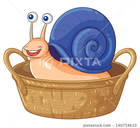 Cartoon Snail with Blue Shell Sitting Inside a Woven Basket Cartoon Snail with Blue Shell Sitting Inside a Woven Basket 140754610