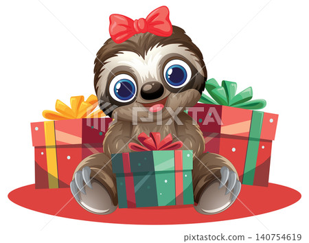 Cute Cartoon Sloth Character Sitting with Wrapped Holiday Gift Boxes Cute Cartoon Sloth Character Sitting with Wrapped Holiday Gift Boxes 140754619