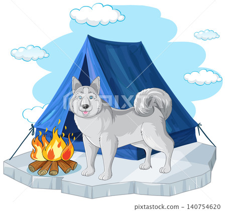 Siberian Husky Standing by a Blue Tent and Campfire on Ice Siberian Husky Standing by a Blue Tent and Campfire on Ice 140754620